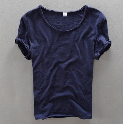 Newly Released at Buy Center: Simple Solid Color T-shirt Slub Cotton Men's Short-sleeved T-shirt Navy Blue Round Neck