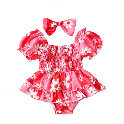 Fresh Arrivals at Buy Center: Bubble Sleeve Colorful Flower Romper Triangle Jumpsuit Red