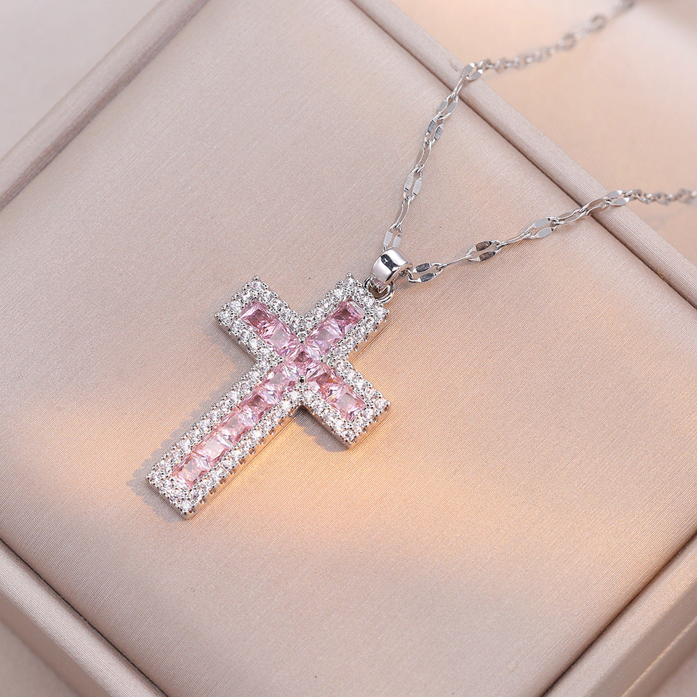 Trending Now at Buy Center: Women's Cross Simple Fashion Titanium Steel Inlaid Color Zircon Fashion Necklace X1353 Black Pink