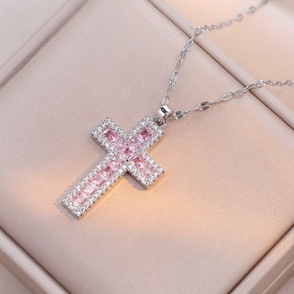 Trending Now at Buy Center: Women's Cross Simple Fashion Titanium Steel Inlaid Color Zircon Fashion Necklace X1353 Black Pink