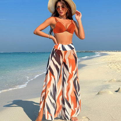 Just Arrived at Buy Center: Swimsuit Women's Bikini Pants Three-piece Suit Coffee With Dark Stripes Suit