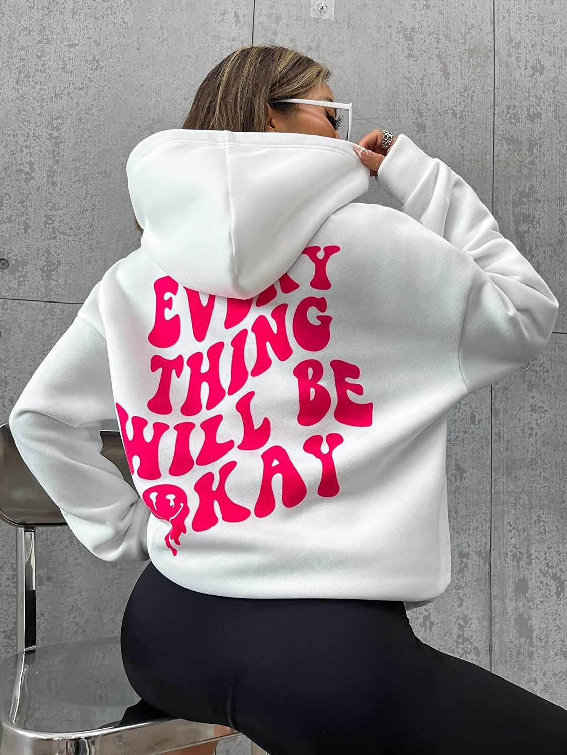 Fresh Arrivals at Buy Center: Every Thing Will Be Okay Creative Letter Hoody Female Casual Pocket Hoodie Fashion Loose Clothes Warm Comfortable Pullover 2 White