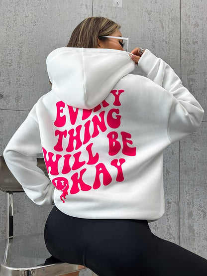 Fresh Arrivals at Buy Center: Every Thing Will Be Okay Creative Letter Hoody Female Casual Pocket Hoodie Fashion Loose Clothes Warm Comfortable Pullover 2 White