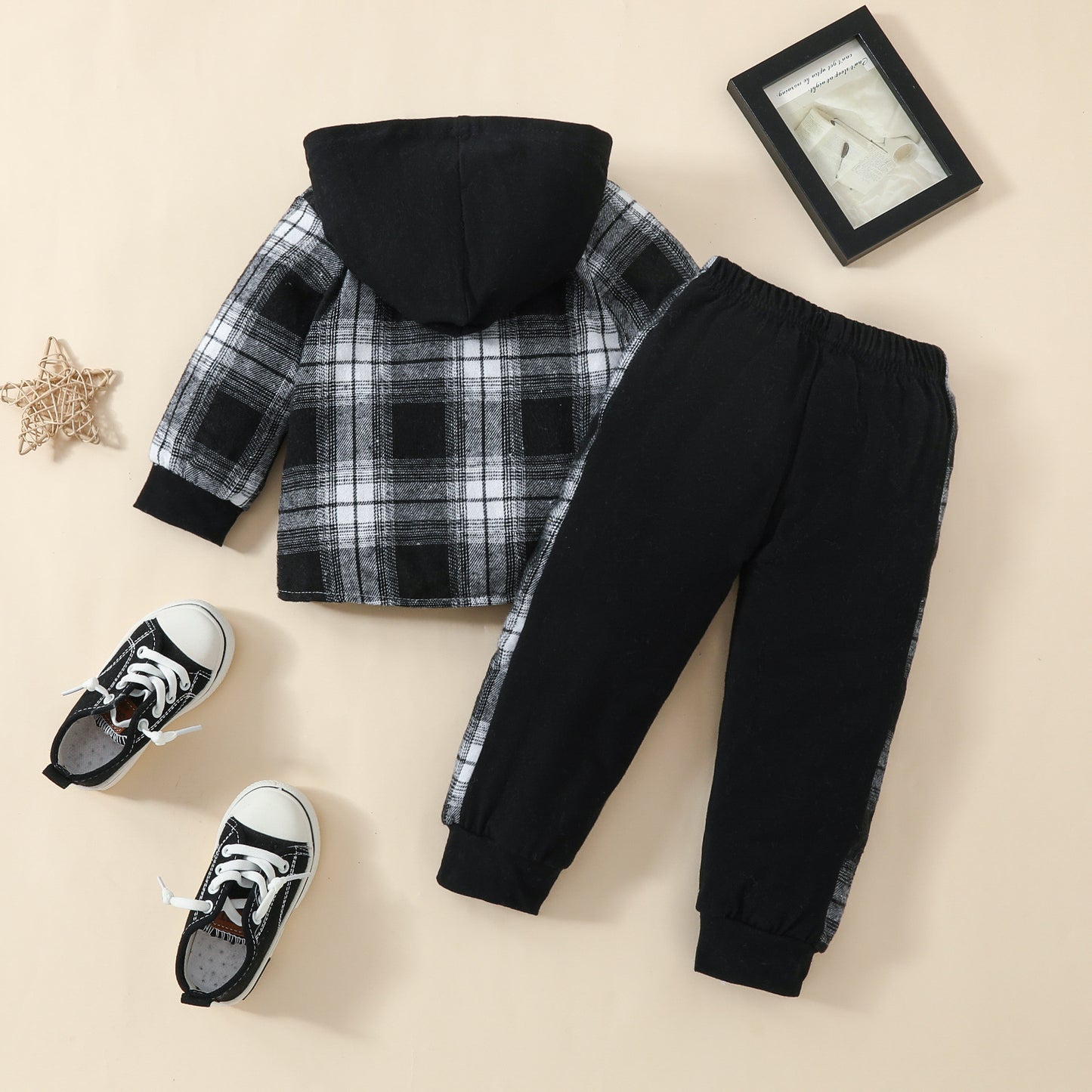 Newly Released at Buy Center: Toddler Baby Boy Classic Plaid Hooded Long Sleeve Shirt Contrast Color Trousers Suit