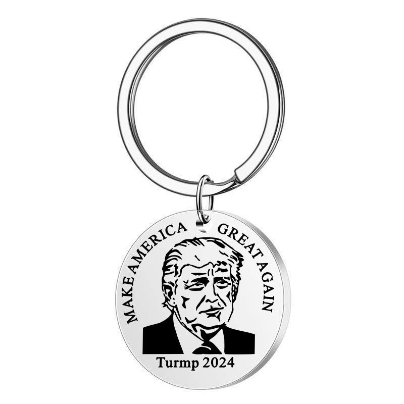 Trending Now at Buy Center: Trump Keychain Stainless Steel Round Board Lettering Keychain Pendant A13.3g 30x30x1.8MM