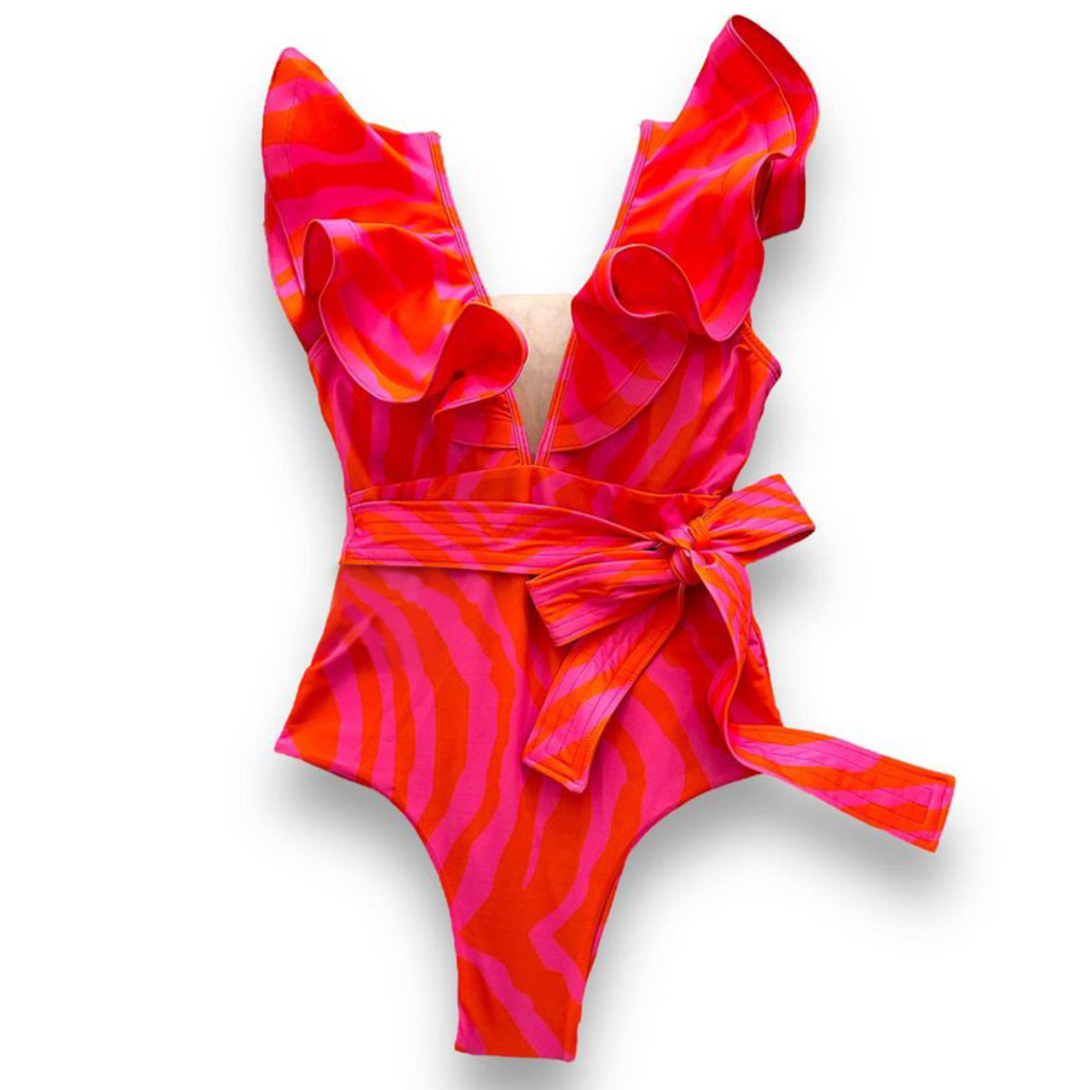 Just Arrived at Buy Center: Women's Double-shoulder Ruffled Deep V Mesh Stitching One-piece Swimsuit