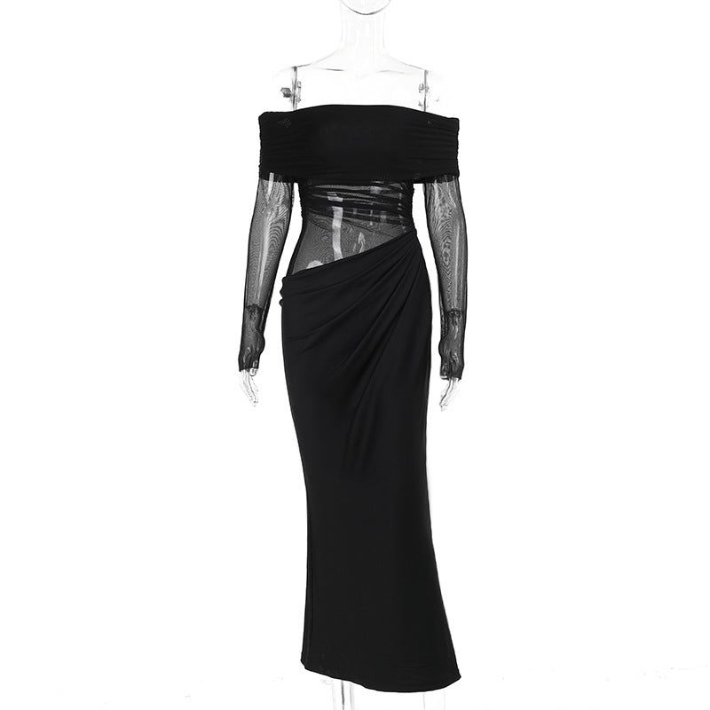 Just Arrived at Buy Center: Off-shoulder Mesh Hollow Dress Women Black