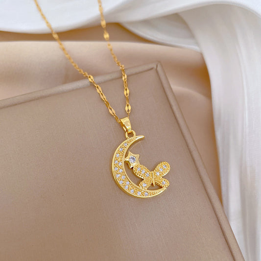 New Hollow Zircon Butterfly Love Moon Necklace