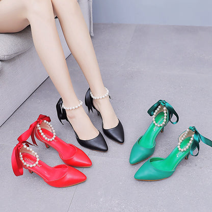 Fresh on the Scene at Buy Center: 7cm Mid Heel Rhinestone Beaded Ribbon Sandals Matte Soft PU Leather Dress Shoes For Women