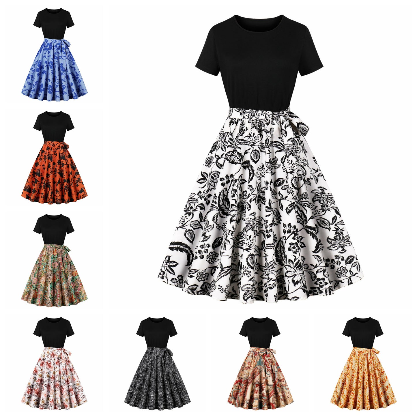 Fresh on the Scene at Buy Center: Women's Round Neck Short Sleeved Black Patchwork Printed Large Swing Dress