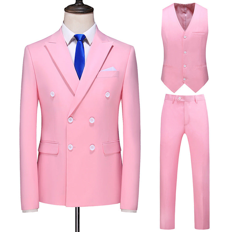 Hot New Arrivals at Buy Center: Men's Oversized Double Breasted Solid Color Suit Three Piece Set Pink