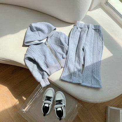 Hot New Items at Buy Center: Children's Korean-style Short Knitted Long-sleeved Shirt Split Flared Pants Two-piece Set Gray