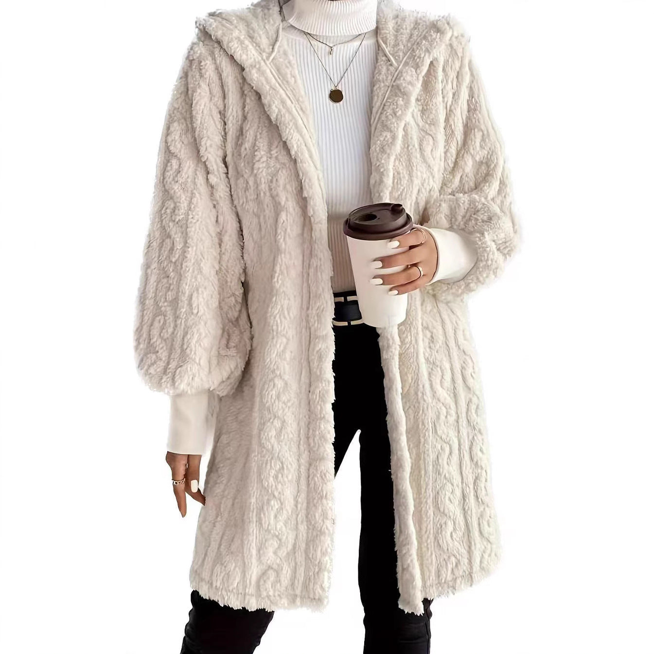 Hooded Double-sided Plush Cuff Thread Long Coat