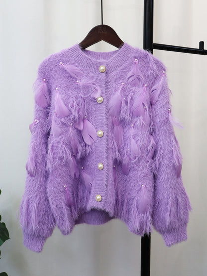 Just Arrived at Buy Center: Artificial Mink Fur Gentle Design Feather Beaded Tassel Knitted Cardigan Sweater Coat Purple Free Size