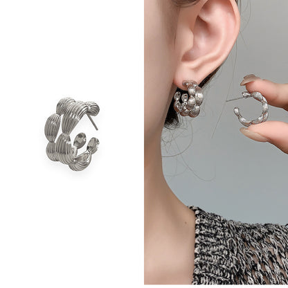 Now Available at Buy Center: Fashion Simple Double Circle Plant Texture Ear Studs Silver A130406A Copper Plated With Real Gold