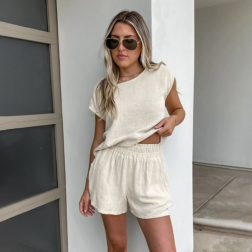 Just Arrived at Buy Center: Women's Khaki Cotton And Linen Drop-shoulder Sleeve Vest Shorts Two-piece Set Khaki