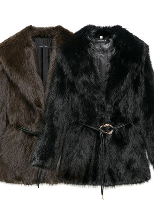 New Faux Fur Plush Lapel And Waist Tight Coat