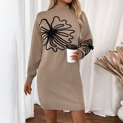 Half Turtleneck Flower Knitted Dress Sweater