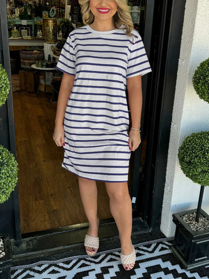 New Fashion Striped Round Neck Dress Women White Bottom Blue Stripe