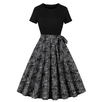 Fresh on the Scene at Buy Center: Women's Round Neck Short Sleeved Black Patchwork Printed Large Swing Dress P05535