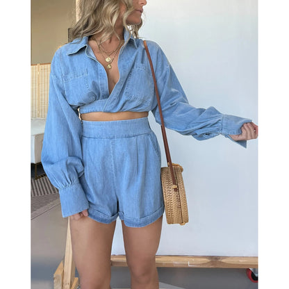 New Fashion Women's Wear Denim Shirt Deep V Long Sleeve Suit