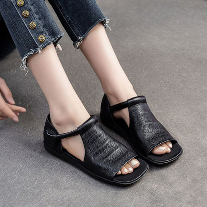 Just Arrived at Buy Center: Authentic Leather British Style Handmade Velcro Open Toe Sandals Black