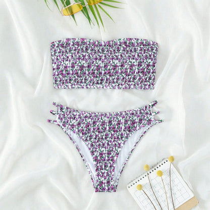 Just Arrived at Buy Center: Floral Strapless Beauty Back Split Swimsuit Purple Flower