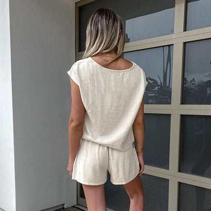 Just Arrived at Buy Center: Women's Khaki Cotton And Linen Drop-shoulder Sleeve Vest Shorts Two-piece Set