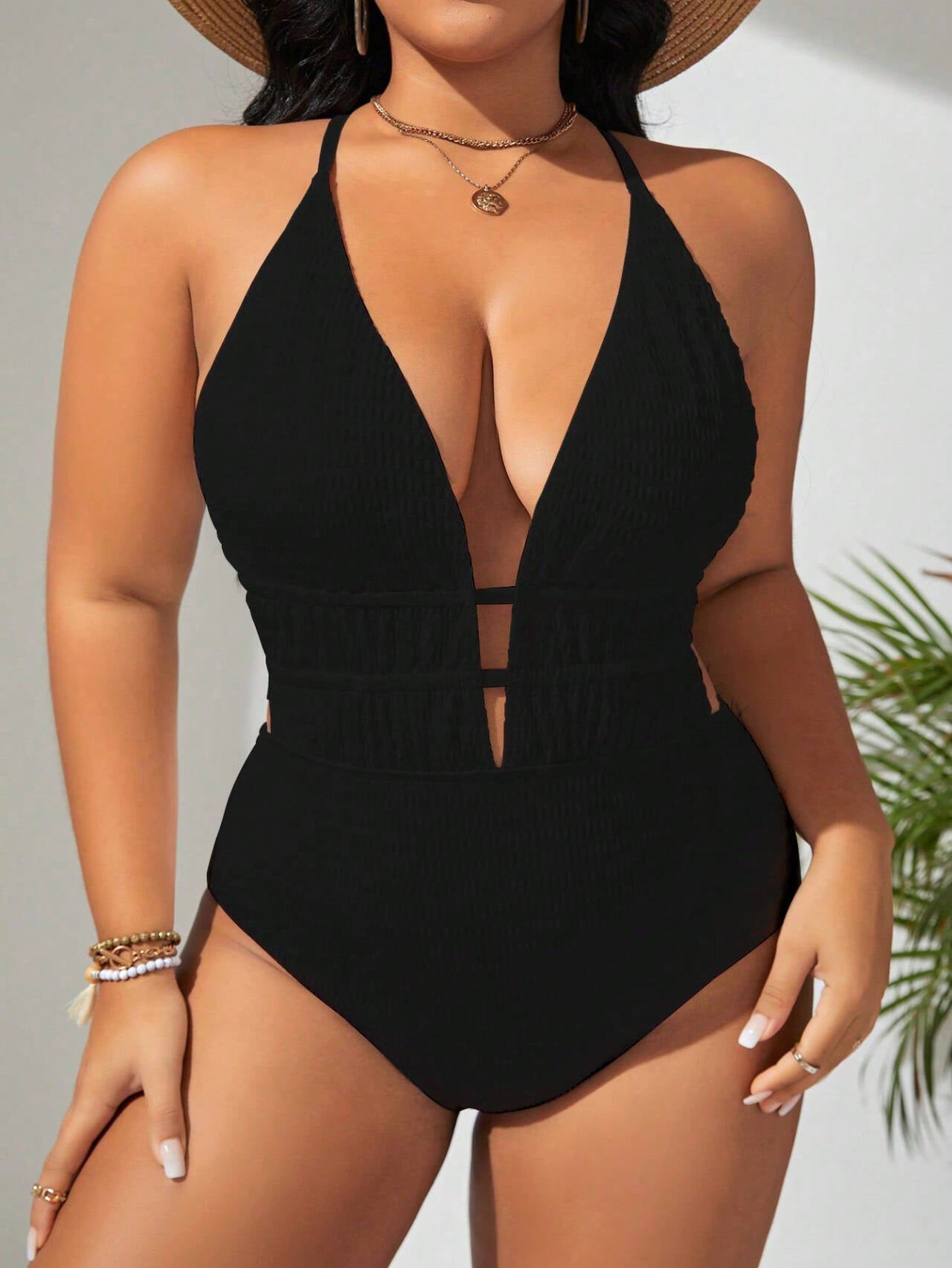 New Women's Belly-covering Beach Solid Color Fashion One-piece Swimsuit Black