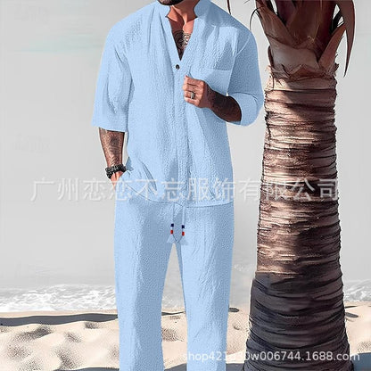 Now Available at Buy Center: Cotton And Linen Half Sleeve Suit Men's Summer Sky Blue