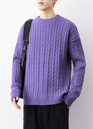 Pull torsadé épais à col rond pour homme, couleur unie, ample