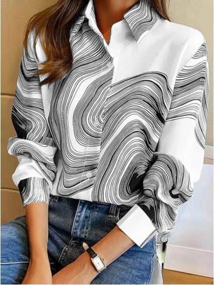 Now Available at Buy Center: Ink Painting Cotton Linen Long Sleeve Blouse White