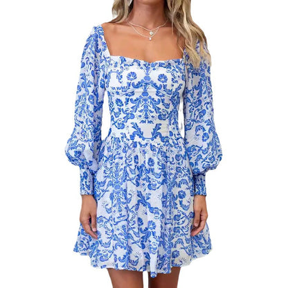 Fresh Arrivals at Buy Center: Square Collar Printed Long Sleeve Mini Dress Women