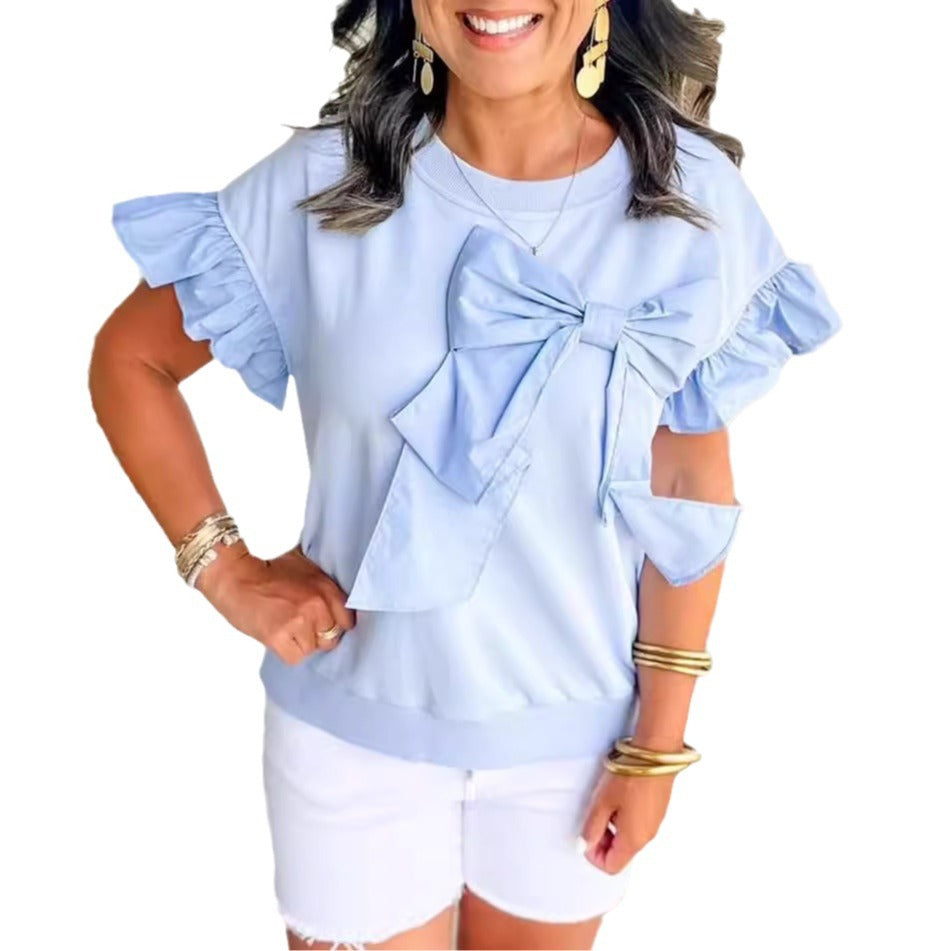 New Women's Contrast Color Bow Ruffle Sleeve Top