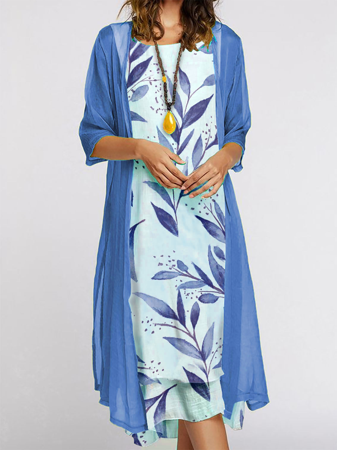 Just Arrived at Buy Center: Women's Dress Two-piece Set Flowers And Plants Printed Round Neck Dress And Coat Bamboo Leaf Blue