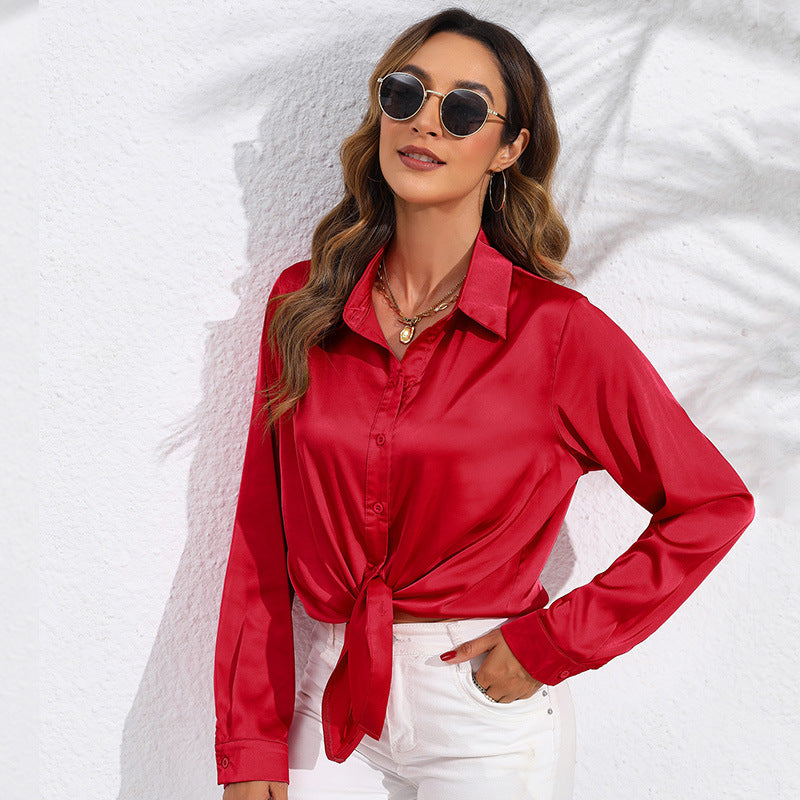 Hot New Items at Buy Center: Women's Solid Color Satin Satin Long Sleeve Blouse Red