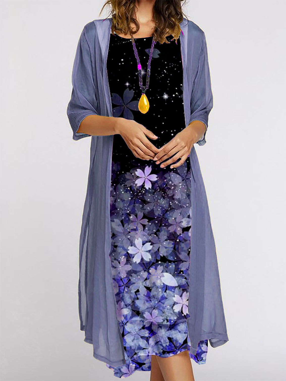 Just Arrived at Buy Center: Women's Dress Two-piece Set Flowers And Plants Printed Round Neck Dress And Coat Flower Blue