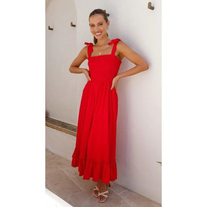 Hot New Items at Buy Center: Smocking Simple Solid Color Camisole Dress Red