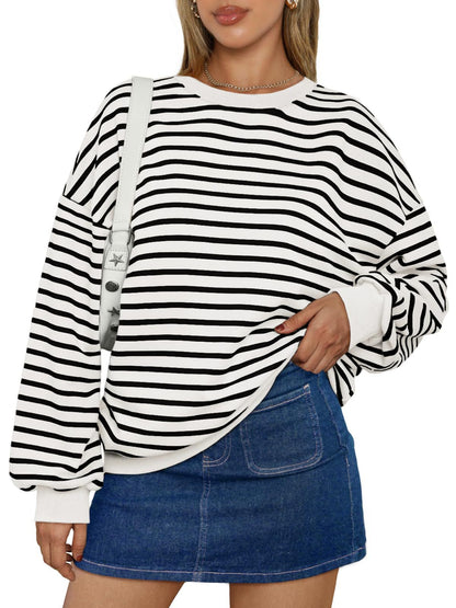 Fresh Arrivals at Buy Center: Women's Colorful Striped Round Neck Loose Sweatshirt White