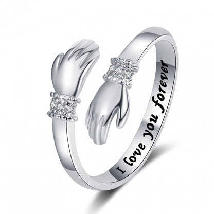 New Creative Love Hug Hands Diamond-studded Ring Female Iloveyouforever Adjustable Opening