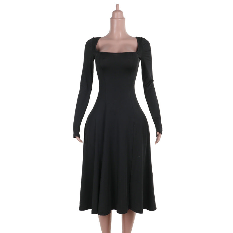 Trending Now at Buy Center: Fashion Slim Fit Square Collar Split Long Sleeve Dress Black