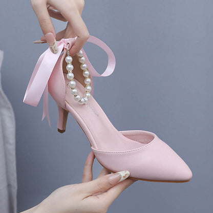 Fresh on the Scene at Buy Center: 7cm Mid Heel Rhinestone Beaded Ribbon Sandals Matte Soft PU Leather Dress Shoes For Women Pink