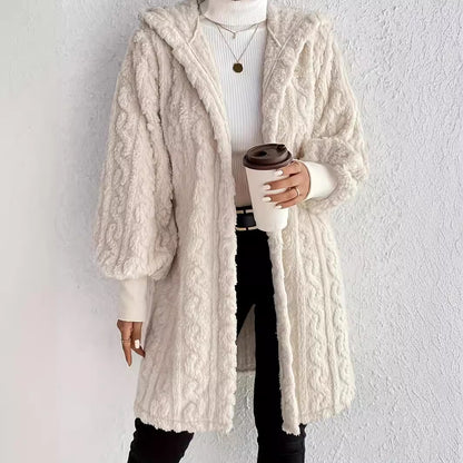 Manteau long à capuche en peluche double face avec revers en fil