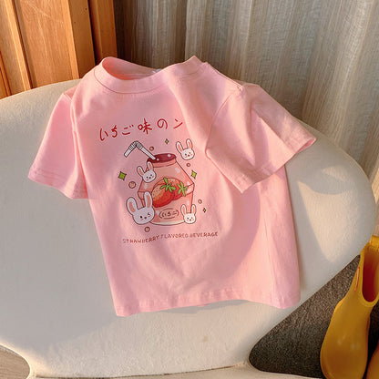 Hot New Items at Buy Center: Children's Half Sleeve Top Summer Wear Pink Drink Rabbit