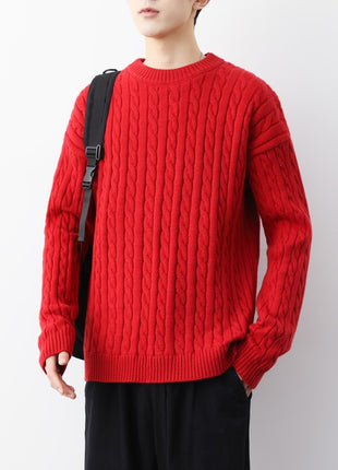 Pull torsadé épais à col rond pour homme, couleur unie, ample