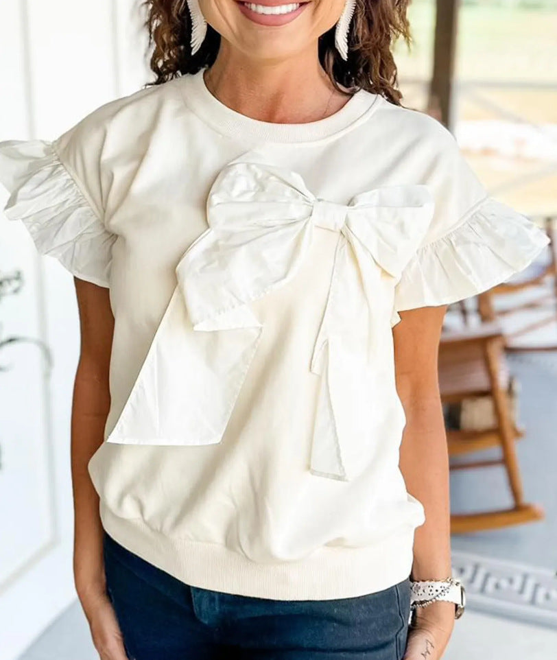 New Women's Contrast Color Bow Ruffle Sleeve Top Ivory White