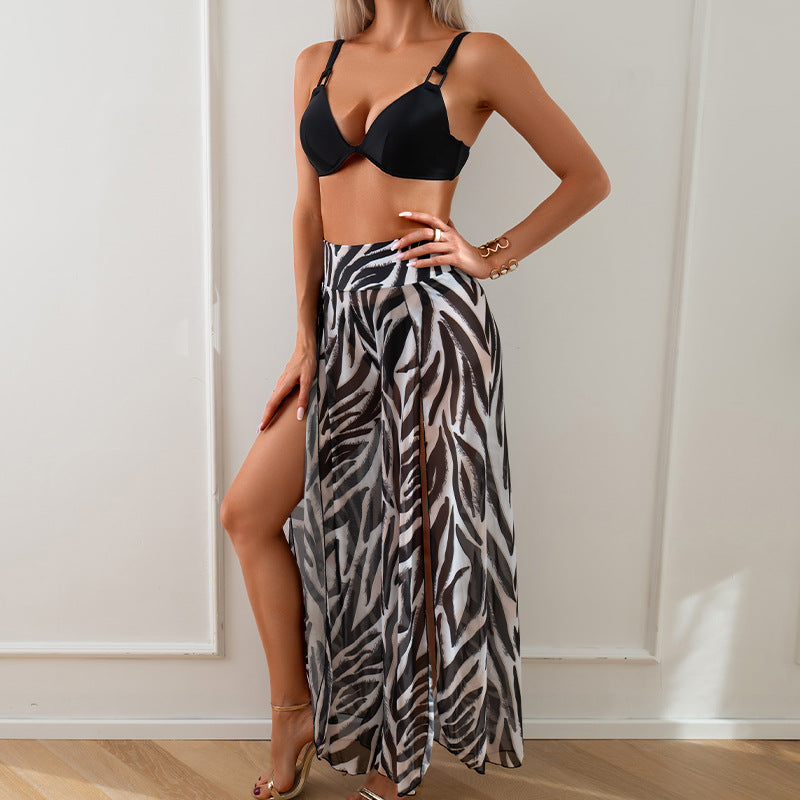 Just Arrived at Buy Center: Swimsuit Women's Bikini Pants Three-piece Suit Black With Zebra Stripes Suit