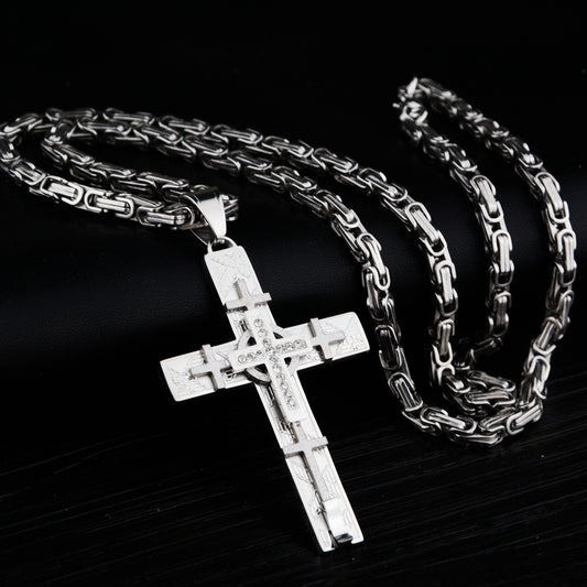 Now Available at Buy Center: Men's Creative National Fashion Personality Multi-layer Cross Jeweled Pendant Titanium Steel Necklace Cross 80CM