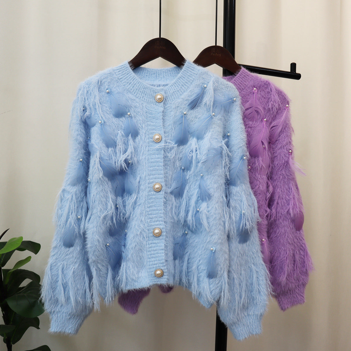 Just Arrived at Buy Center: Artificial Mink Fur Gentle Design Feather Beaded Tassel Knitted Cardigan Sweater Coat