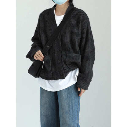 Newly Released at Buy Center: Korean Style Solid Color And V-neck Pocket Knitted Cardigan Sweet Cuff Sweater Coat Black Free Size